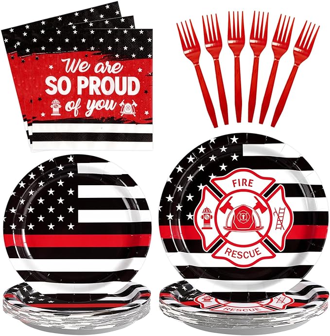 96 Pcs Firefighter Party Supplies Official Thin Red Line Flag Pattern Plates and Napkins Fire Truck Red and Black Graduation Plates for EMT Firefighter Retirement Graduation Birthday Party Decorations
