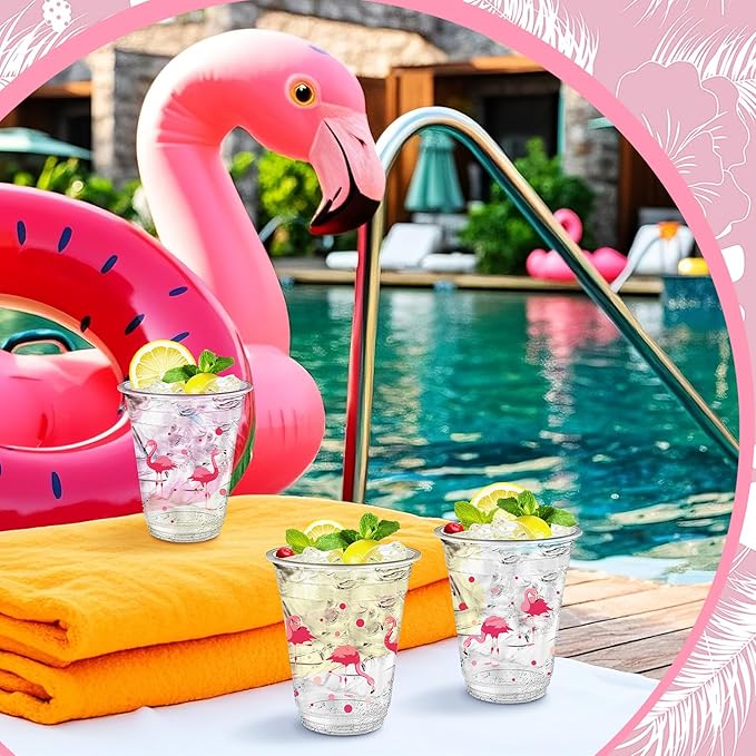 Uiifan 50 Pcs Flamingo Plastic Cups Bulk Summer Tropical Party Favor 12 oz Disposable Pink Flamingo Cups Hawaiian Luau Birthday Party Supplies for Hot Cold Drinking Beverage Bridal Shower Wedding