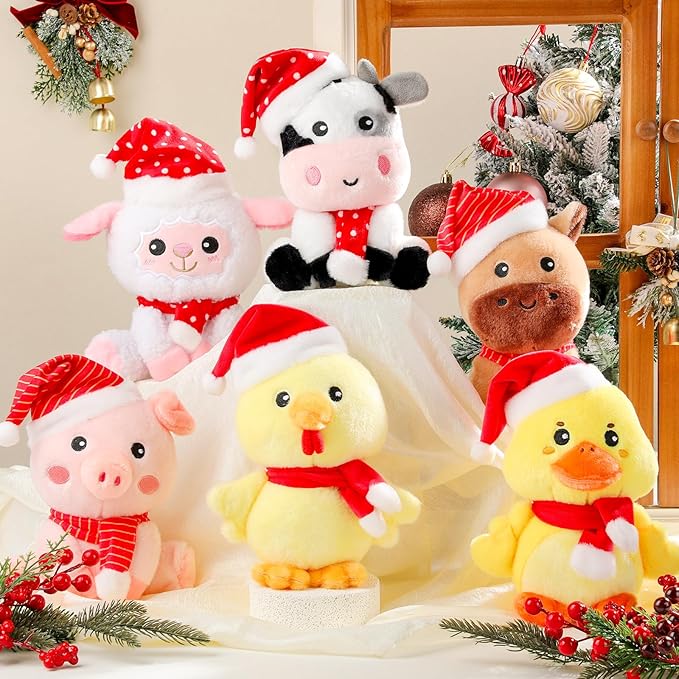 6 Pcs 7 Inch Large Farm Animals Bulk with Red Hat & Scarf Horse Sheep Cow Duck Chick Pig Stuffed Animals Toys for Woodland Baby Showers Party Decor Birthday Gifts Classroom Prize