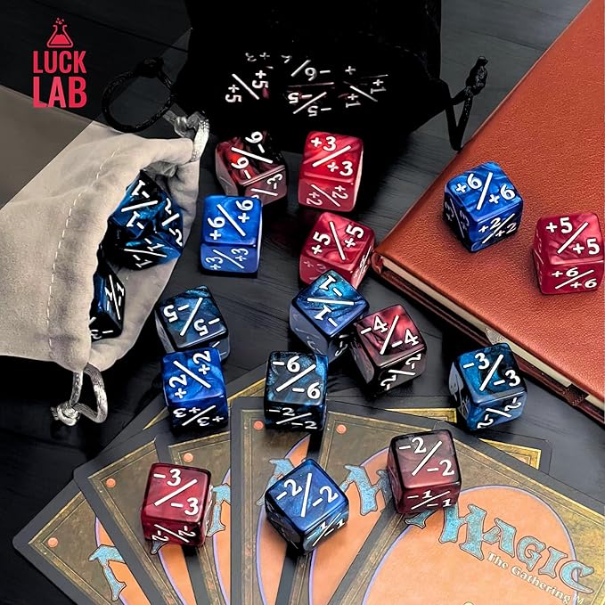 Luck Lab MTG Magic Life Counter Dice, 48 PCS - Compatible w/Magic Card Game Accessories, CCG Creature Stats w/ 2 Dice Bags (Blue Pearl, Blue Swirl, Red Pearl, Red Swirl)