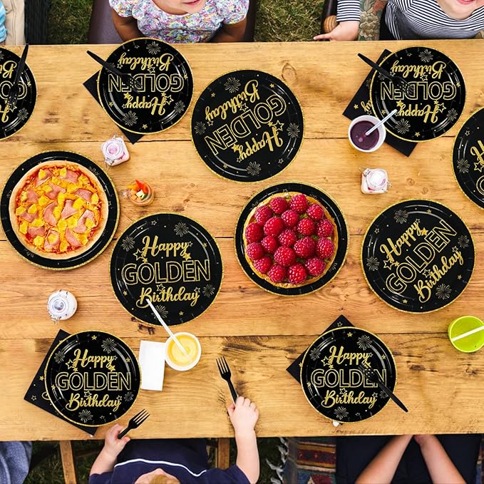 96Pcs Golden Birthday Party Decorations Happy Golden Birthday Paper Plates and Napkins Sets Black and Gold Birthday Decorations for Men Women Bday Party Supplies Serves 24