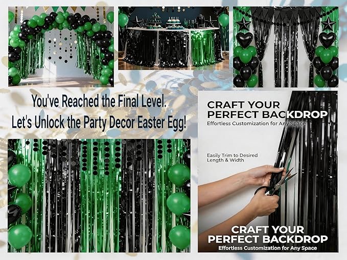 3 Packs Green Black Foil Fringe Curtains Green Birthday Decorations Streamer 9.9ft Wide for Wedding Party Backdrop Bridal Shower Tinsel,Birthday Party Door Cover Each 3.3 x 6.5 ft
