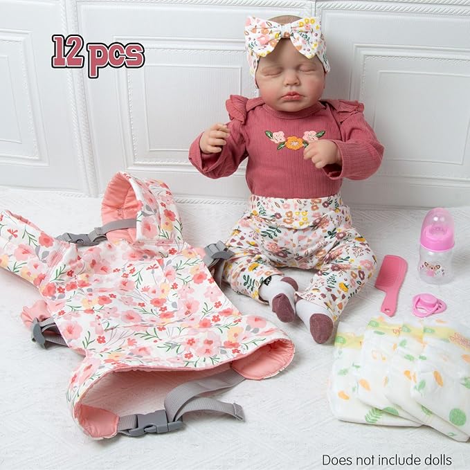 Reborn Baby Doll Clothes 17-20-22 Inch Girl Realistic Outfit Set with Red Romper & Flower Carrier and Soft Diapers 12-Piece Newborn Doll Accessories