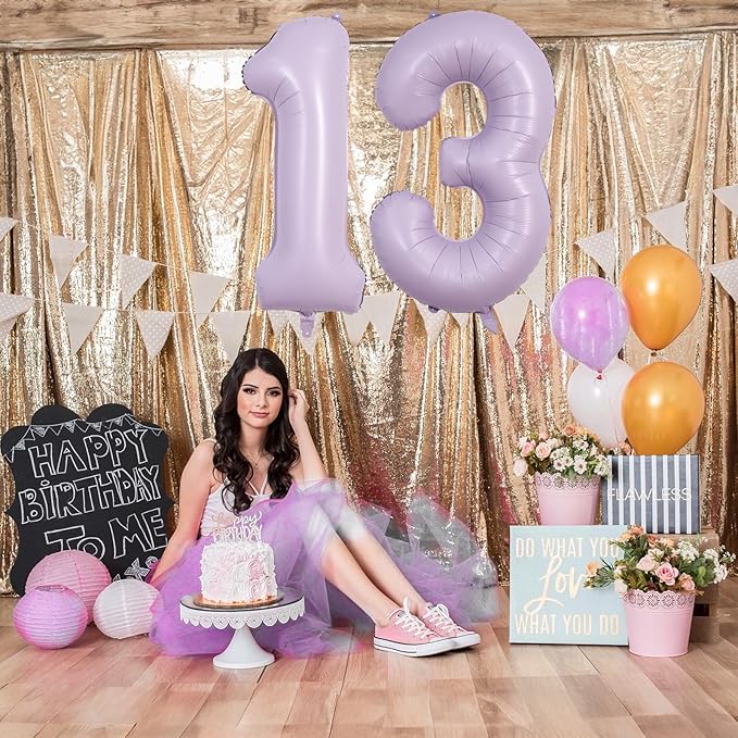 Number Balloons 13 Pastel Purple, 40 Inch Lavender Mylar Foil Number 1 & 3 Balloons for Girls 13th Birthday Balloons, Large Light Purple Helium 13 Balloons for Women 13th Anniversary Party Decorations