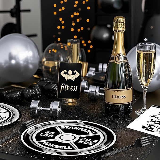 BQC 96 Pcs Gym Party Plates & Decorations - Birthday Party Supplies & Favors