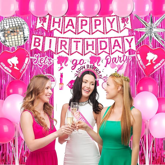 187Pcs Hot Pink Birthday Party Decoration Supplies, with 20 Plates Tableware Set and Birthday Banner Backdrop Foil Balloons Stand Cake Toppers Sunglasses Photo props Etc for Girls Women Party Decor