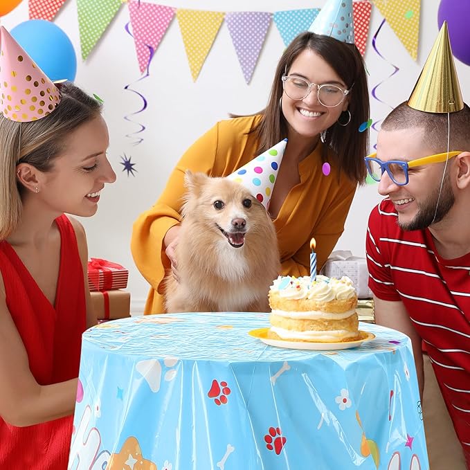 Oudain 3 Pack Blue Dog Party Tablecloth Dog Them Birthday Decor 108'' × 54'' Blue Yellow Plastic Table Cloth Puppy Paw Prints Bone Disposable Rectangle Table Cover for Baby Shower Party Supplies