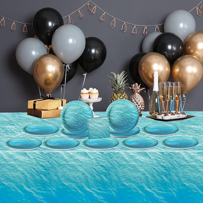 61 Pcs Ocean Sea Birthday Party Decorations Waves Themed Tableware Includes Blue Plates Napkins Forks Tablecloth Undersea Supplies for Hawaiian Summer Pool Beach Parties Baby Shower Serves 20 Guests