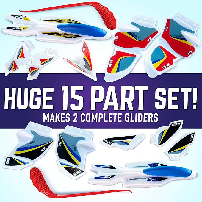 Geospace Foam GEOGLIDE Dueling Duo Fighters Flying Glider Set - Comes with 2 Fighter Style Airplanes, Hand Held Launchers & Multiple Wing Combo Pieces for Outdoor Play for Kids & Adults