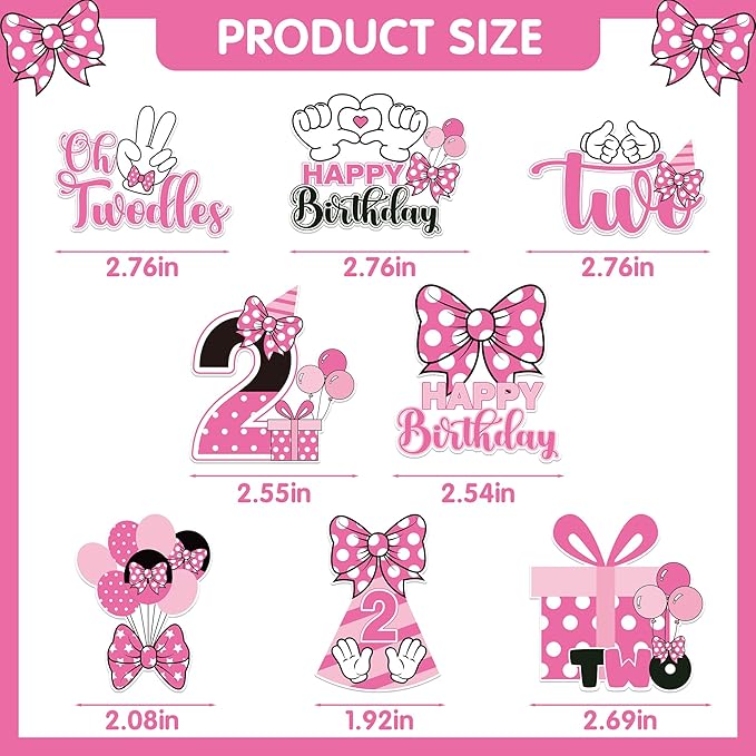 Oh Twodles Cupcake Toppers - 24 Pcs Pink and White Cartoon Mouse Bow Dots Cake Cupcakes Dessert Topper Decor Set 2nd Birthday Party Decorations Supplies Favors for Two Years Old Kids Girls