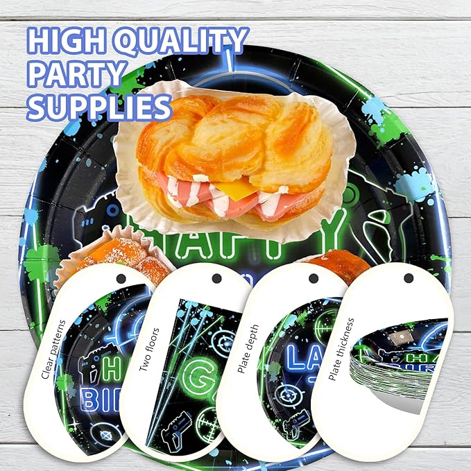 Grencian 96PCS Laser Tag Birthday Party Decorations Set - Green, Blue Laser Party Plates, Disposable, Serves 24