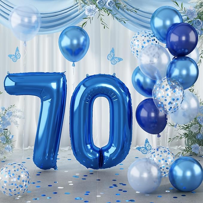 Giant Number Foil Balloon 70, Dark Blue Self Inflating 70th Birthday Balloon for Men, 40'' 70 Balloon Light Navy Blue with Metallic Silver Confetti Balloon for Anniversary Party Decorations Supplies