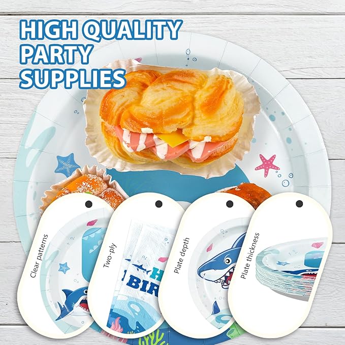 96Pcs Shark 5th Birthday Party Supplies Blue Ocean Shark Plates and Napkins Under The Sea Tableware Set for Kids 5 Years Old Blue Ocean Theme Birthday Party Supplies，Serves 24