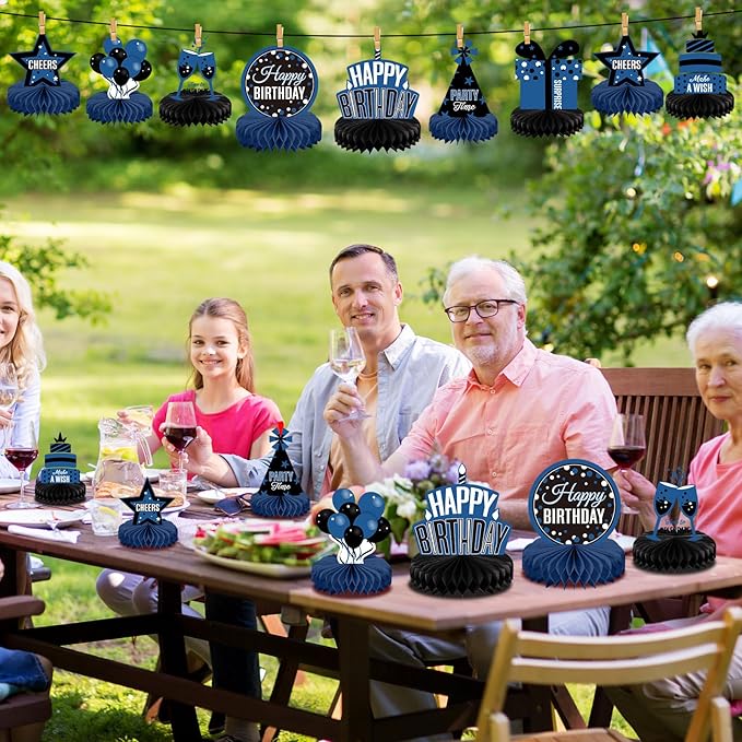 Pajean 8 Pieces Blue and Black Birthday Party Honeycomb Centerpieces Blue Black Table Centerpieces Decorations Table Centerpiece Sign for Kids Adults Party Supplies