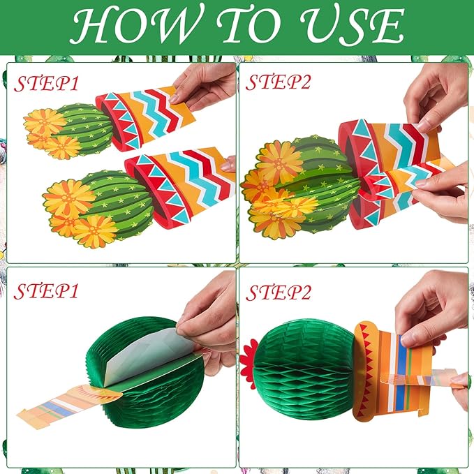 Zonon 12 Pcs Cactus Party Decorations Mexico Back to School Honeycomb Table Centerpieces Mexican Garland Cutouts for Fiesta Baby Shower Favor Cactus Theme Classroom Birthday Party Supplies