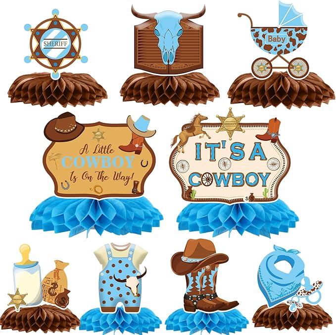 Gameza Western Cowboy Baby Shower Decorations, 9PCS a Little Cowboy is on The Way Baby Shower Honeycomb Centerpiece Decoration, Western Themed Gender Reveal Decor Supplies