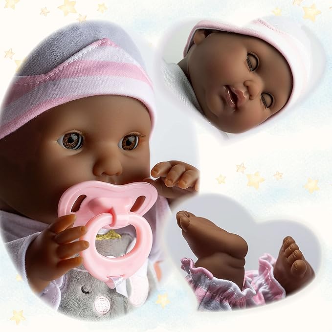JC Toys 15" Realistic Soft Body African American Baby Doll with Open/Close Eyes Berenguer Boutique | 10 Piece Gift Set with Bottle, Rattle, Pacifier & Accessories | Pink | Ages 2+