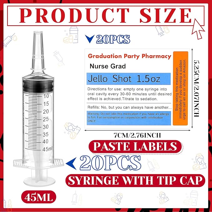 40 Pcs Nursing Graduation Party Supplies, 20 Pcs Plastic Syringes for Drinks, 20 Sticky Labels, Class of 2026 Graduation Decoration Nurse Party Supplies Bsn Rn Lpn Gift(45 ml)