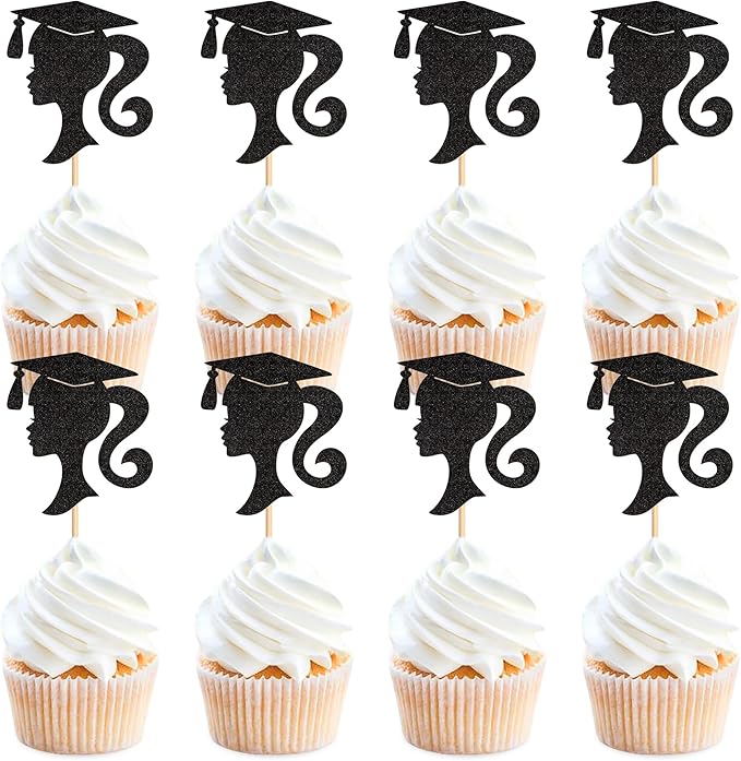 24pcs 2026 Black Female Student Graduation Cupcake Toppers Girls Graduate Silhouette Cupcake Picks 2026 Students Graduation Theme Party Cake Decorations Supplies