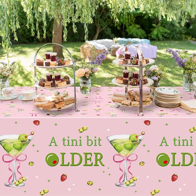 Pink Green Martini Party Tablecloths - 3Pcs A Tini Bit Older Birthday Table Covers, Martini Bow Themed Party Decoration Plastic Disposable Rectangular Table Cloth Decor for Birthday Bachelorette