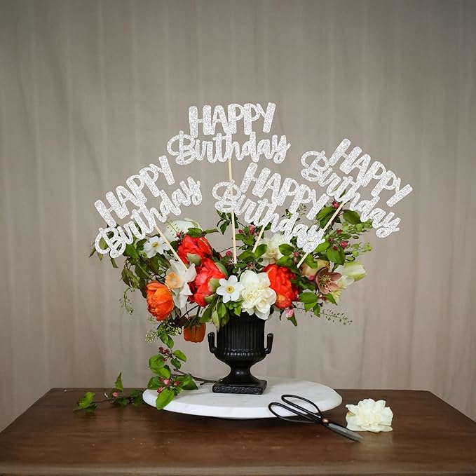 Gyufise 12Pcs Happy Birthday Centerpieces Sticks Double Sided Glitter Birthday Party Decorations Anniversary Table Flower Centerpiece for Celebrating Party Supplies Silver