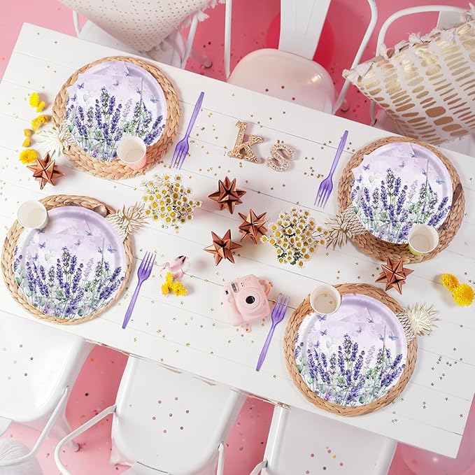 96Pcs Purple Party Supplies Lavender Paper Plates Napkins Watercolor Blooming Floral Cake Dessert Butterfly Birthday Floral Tableware for Birthday Wedding Picnic Baby Shower Decorations | 24 Guests