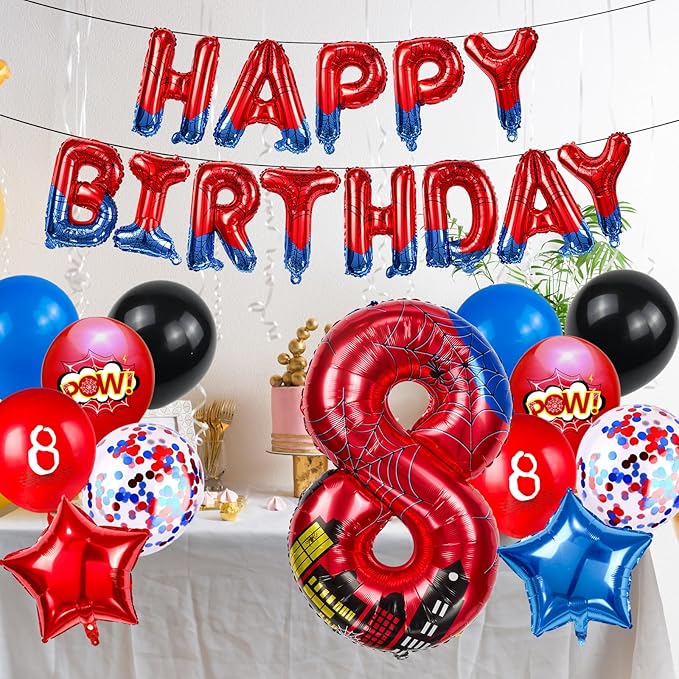 Cartoon Hero 40 Inch Red and Blue Spider Theme Number Foil Birthday Decoration Balloon, Spider Theme Happy Birthday Banner Party Decoration Balloon, Letter Logo Superhero Party Supplies (8)
