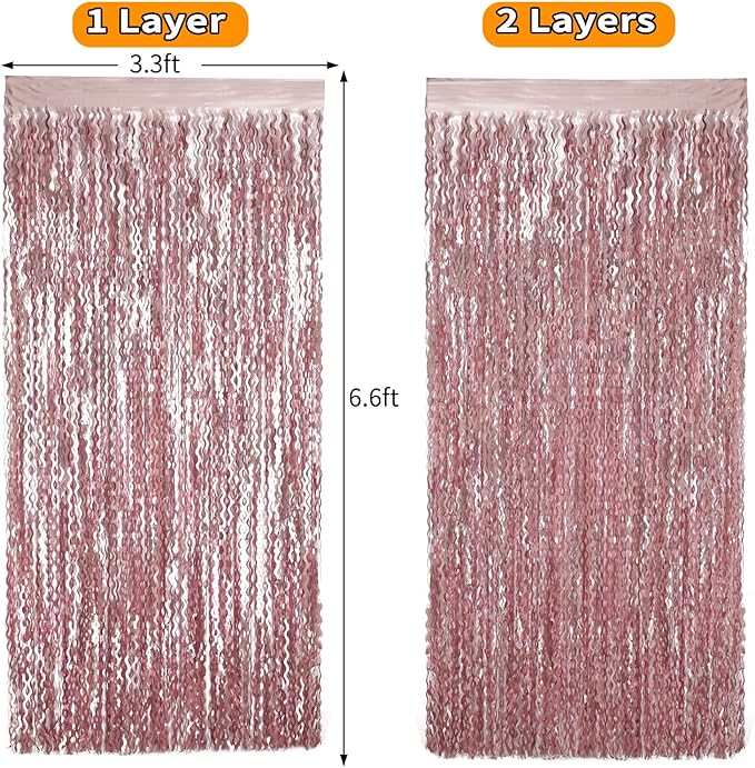 4 Pack 3.3x6.6ft Pink Tinsel Curtain Party Backdrop - Wavy Foil Fringe Curtain Party Streamers for Girl Princess Bachelorette Disco Party Decorations