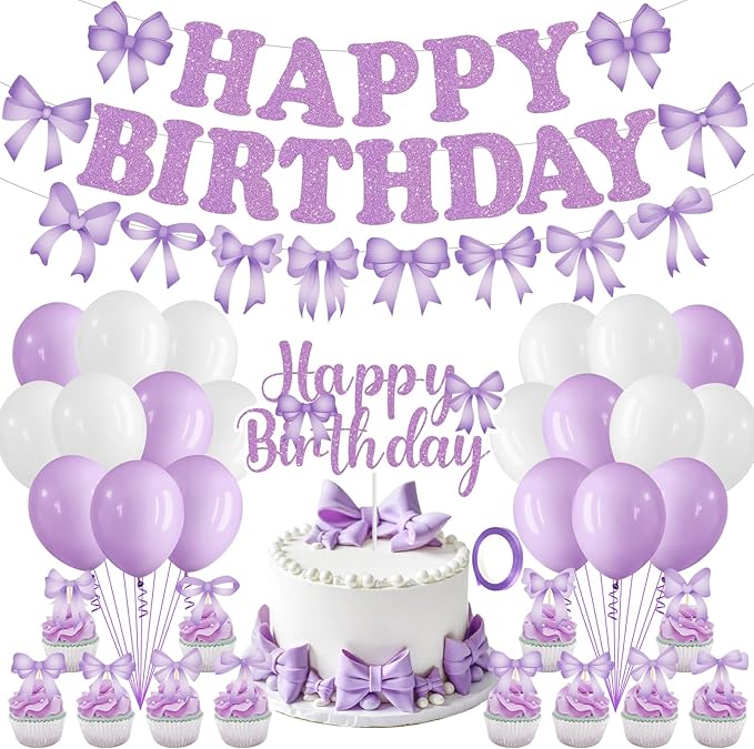Purple Bow Birthday Party Decorations Bow Happy Birthday Banner Purple White Balloons Cake and Cupcake Toppers for Girls Women Coquette Bday Baby Shower Party Supplies