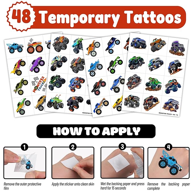 72PCS Monster Truck Party Favors for Kids - 48 Pre-Cut Temporary Tattoos & 24 Silicone Bracelets - Birthday Party Supplies, Goodie Bag Fillers, Carnival Prizes, Classroom Rewards for Boys & Girls