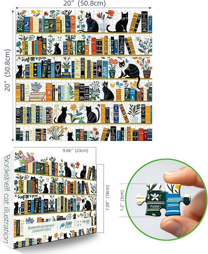 Aesthetic Black Cat Bookshelf 500 Piece Jigsaw Puzzle for Adults, Vintage Botanical Flower Art Puzzle, Gift for Cat and Book Lovers 20x20 Inch