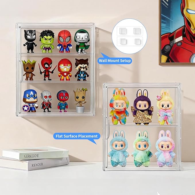 3 Tier Acrylic Display Case for Figures, Wall-Mounted Clear Storage Organizer Box with 2 Movale Plates & Magnetic Door, Display Cases for Collectibles Action Figure, 2 Pack