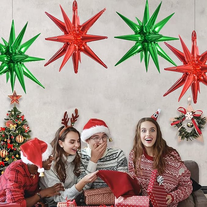TONIFUL 4 Pcs 22inch 4D Red Green Explosion Star Mylar Balloons 14Point Star Balloons for Party Decorations Backdrop Christmas,New Year Birthday, Wedding Baby Shower Anniversary Photo Booth Supplies
