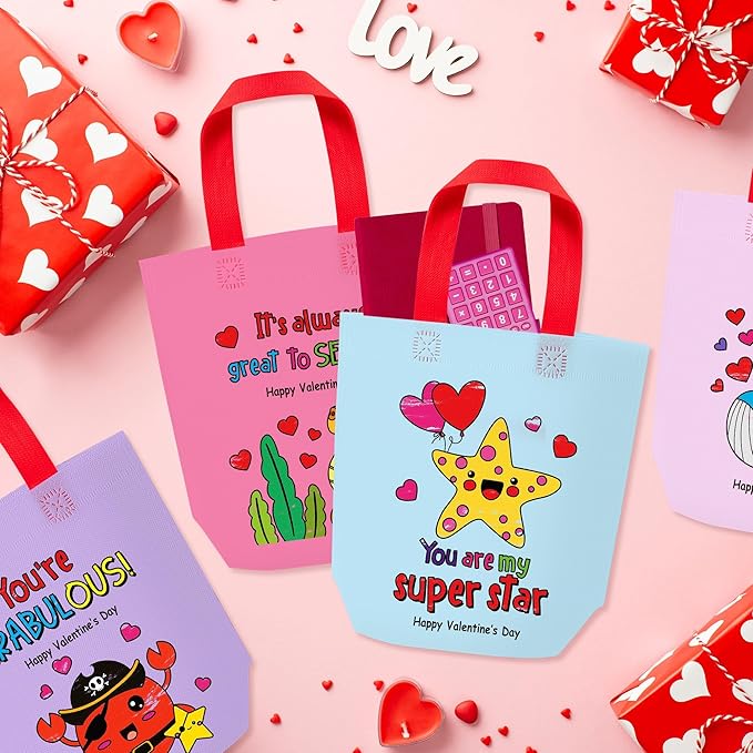 Valentine's Day Coloring Goodie Bag for Kids - 24Pcs Ocean Animal Bulk Color Your Own Gift Bag with Handle Ocean Theme Reusable Coloring Non Woven Tote Bag for Valentine Party DIY Painting Craft Favor