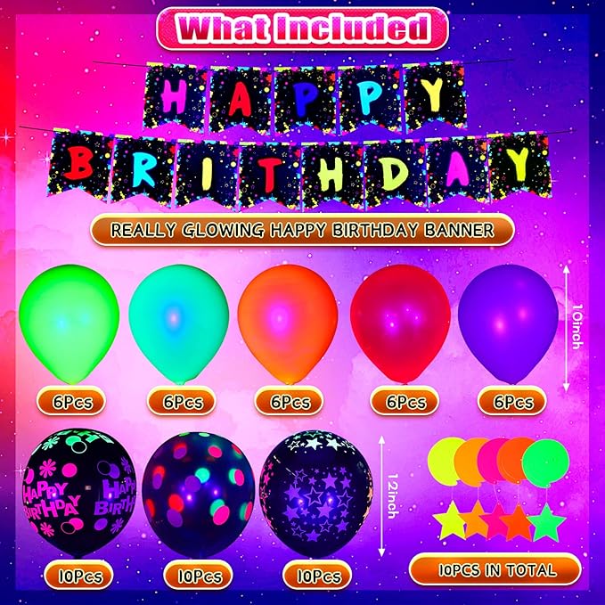 Jetec 71 Pcs Neon Birthday Party Supplies Decorations Include Clear Glow in the Dark Balloons, UV Neon Balloons, Star Hanging Swirls, Happy Birthday Banner Festival Accessory Glow Party Supplies