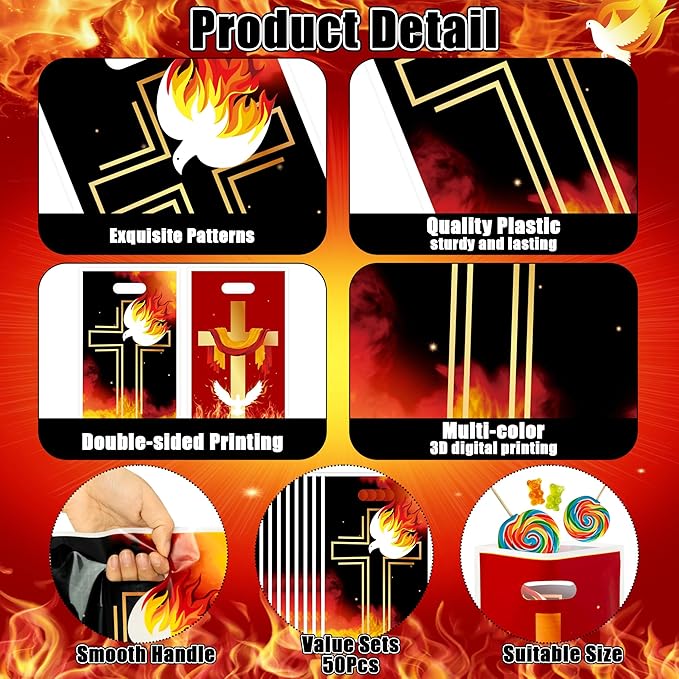 Pentecost Christian Party Favor Bags - 50Pcs Religious Christian Flame Cross Dove Goody Treat Bags, Jesus Holy Spirit Party Decoration for Pentecost Church Sunday School Liturgical Seasons