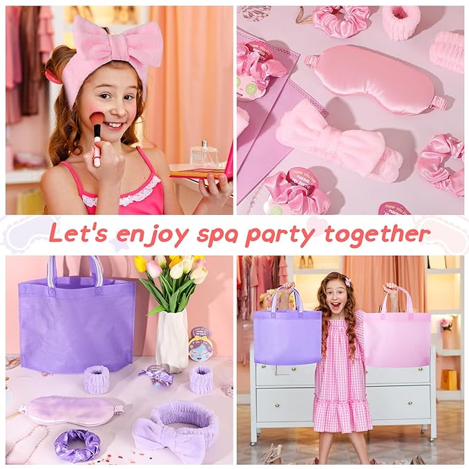 72 Pcs Girls Spa Sleepover Party Supplies With DIY Sticker And Greeting Card Pink Purple Headband Wristbands Eye Mask Hair Scrunchie Tote Bag Sleeping Slumber Party Favor