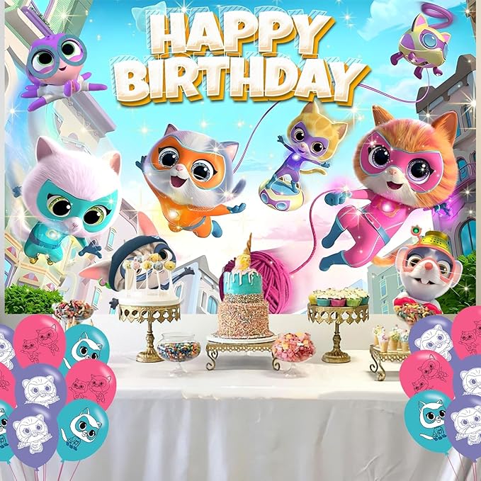 Super Cat Birthday Party Decoration,Kitties Party Photo Background 5 x 3 FT and 18 Pcs Balloon,Cat Merch Party Backdrop Supplies