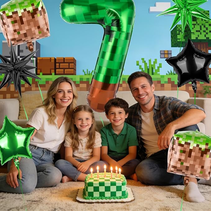 40 Inch Green Pixel Miner Number 7 Balloon Set, 7Pcs MIning Large Foil Balloon Video Game Themed Party Party Decorations for Kids' Anniversary Balloon Party Supplies Supplies