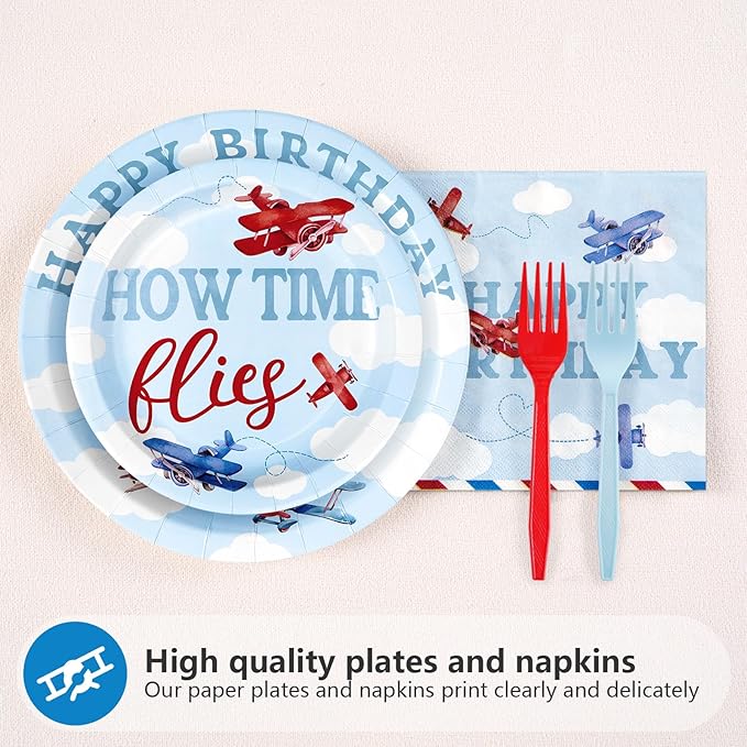 96Pcs Airplane 1st Birthday Decorations for Boys Red & Blue Airplane First Birthday Plates and Napkins Sets How Time Flies Party Decorations for Girls Baby Shower One Years Old Supplies Serve 24