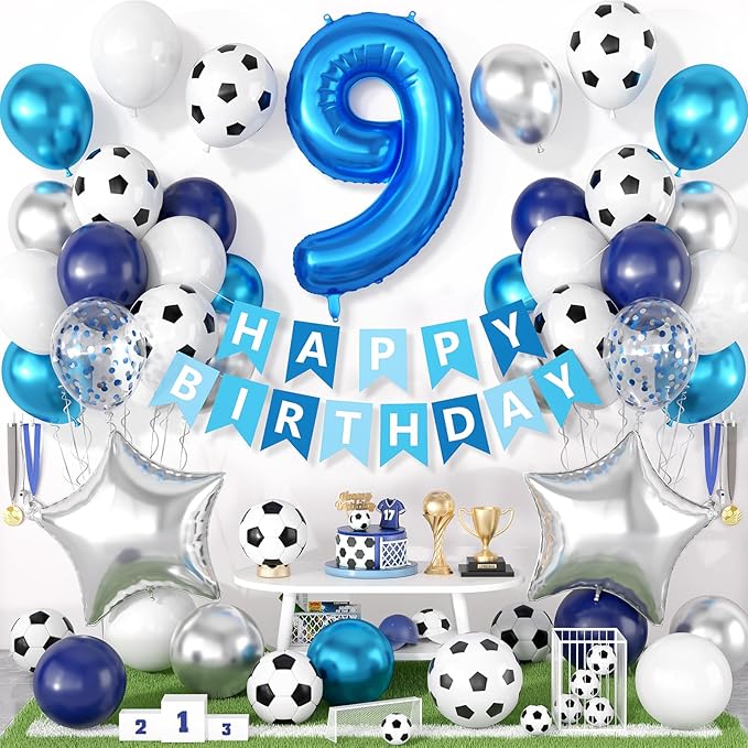 Soccer Party Decorations for Boys, 9th Soccer Birthday Decoration with Blue White Silver Balloons 'HAPPY BIRTHDAY' Banner Cake Toppers 32in Foil 9 Balloon for Boys Birthday Decor