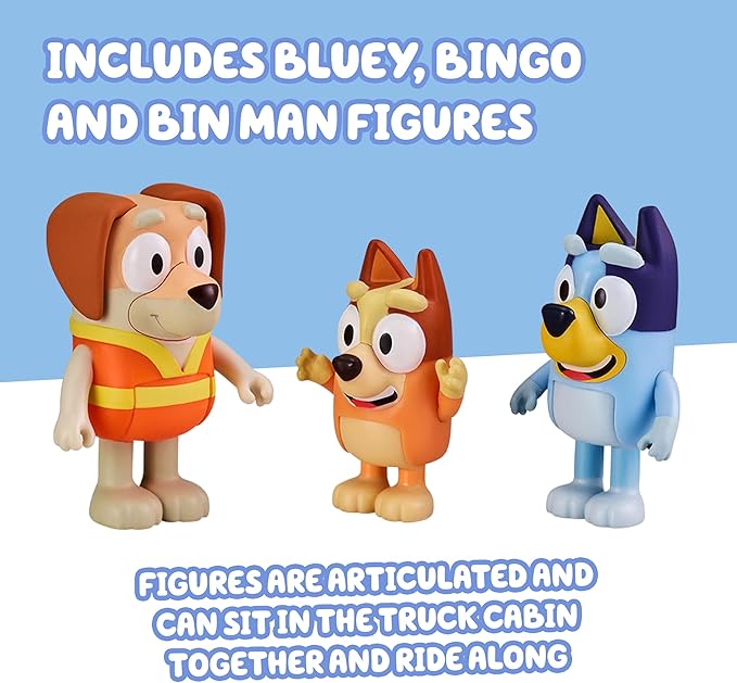 Bluey Garbage Truck Playset, Bingo & Bin Man Figures, Garbage Truck Toys for Boys Age 4-7 w/ Characters, Interactive Lever Action