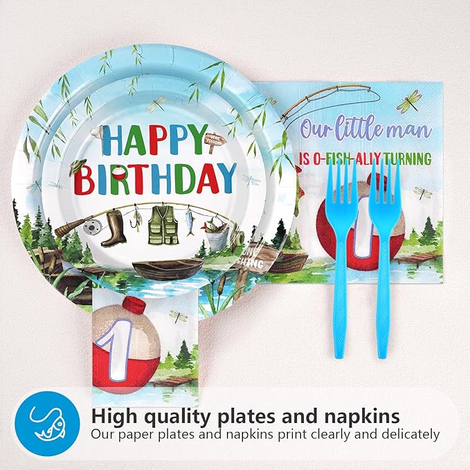 Grencian 96 Pcs Ofishally One Birthday Decorations Gone Fishing 1st Party Plates and Napkins Tableware Set O Fishally One First Birthday Decorations for Boys Little Fisherman 1st Baby Shower Serves 24