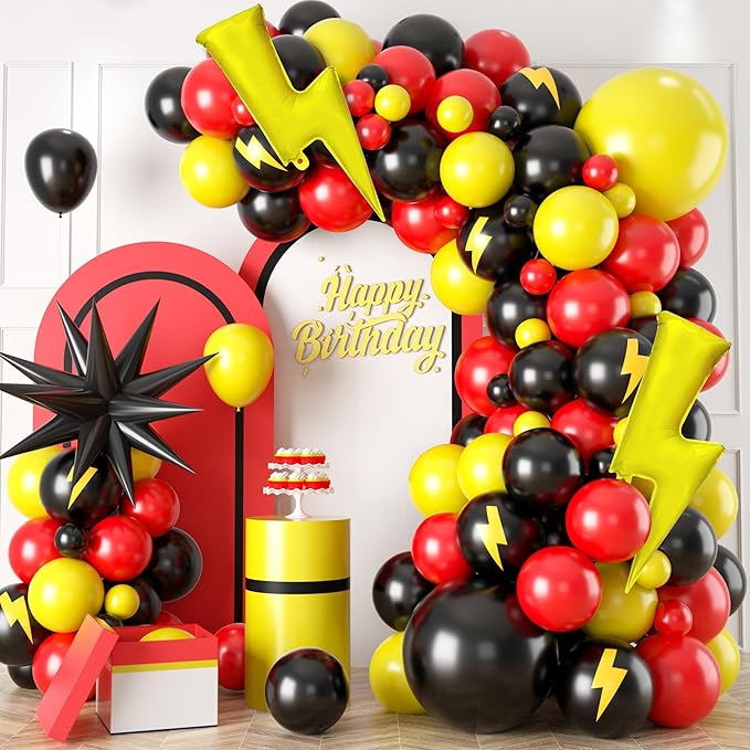 Red Black Yellow Balloons, 60 Pcs 12 Inch Energy Lightning Theme Balloons for Kids Adventure Birthday Party, Game Action Baby Shower Decorations