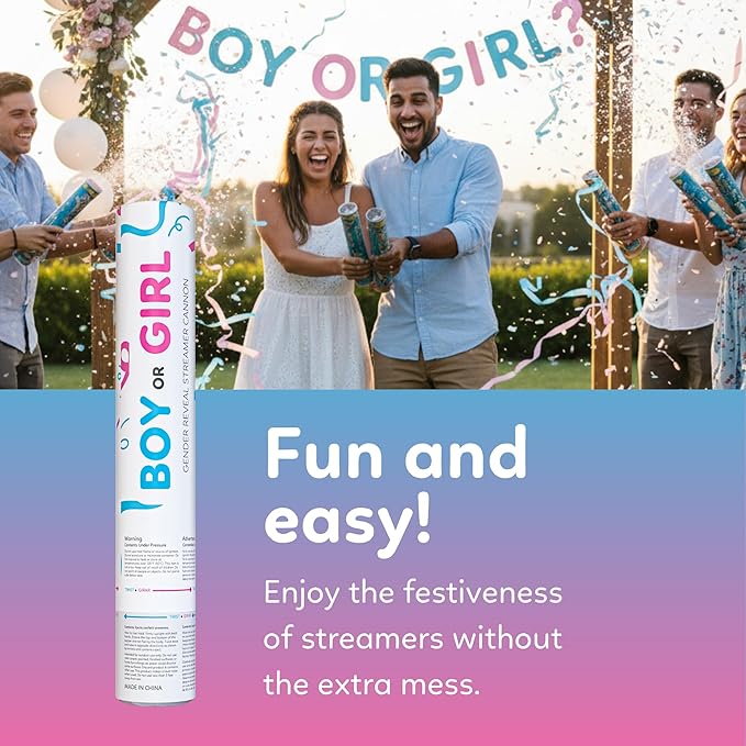 Gender Reveal Streamer Cannon | 6 Pack | 3 Blue and 3 Pink | Multicolor Streamers | Decoration for Gender Reveal Parties, Baby Showers | Launches 25 ft | 12 inch | TUR Party Supplies