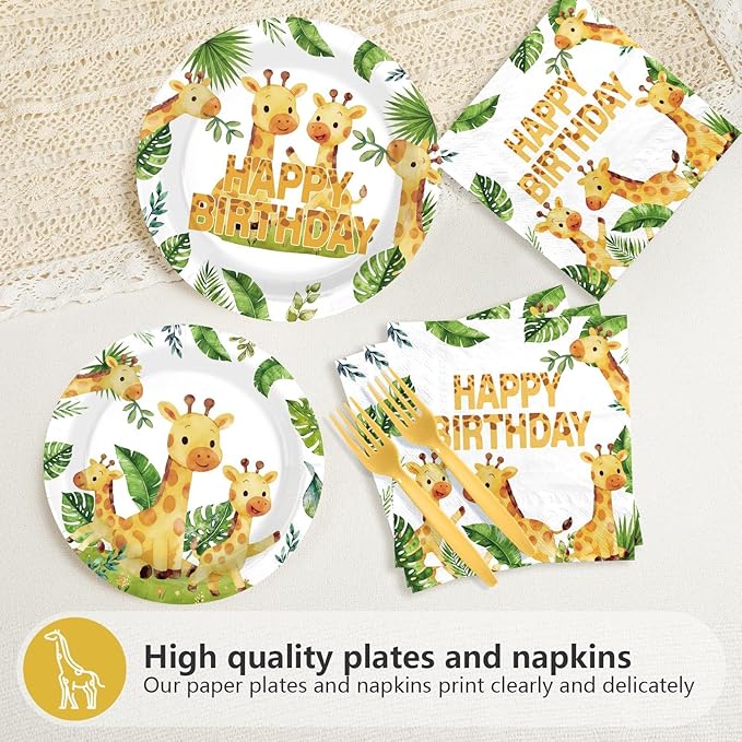 96 Pcs Giraffe Birthday Decorations Jungle Safari Animals Birthday Party Supplies Green Jungle Animal Plates and Napkins for Kids Party Supplies Serves 24