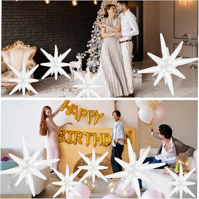 6 Pcs White Star Foil Balloons One-Piece 14-Pointed Star Balloon 4D Starburst Cone Mylar Balloon 22inch Christmas Birthday Wedding Wedding Anniversary Party Supplies (22&27 Inches White)