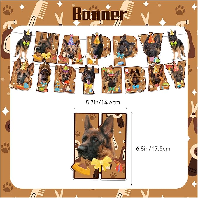 German Shepherd Party Decorations Funny Dog Birthday Party Supplies Includes German Shepherd Birthday Banner, Cake Topper, Cupcake Toppers, Balloons