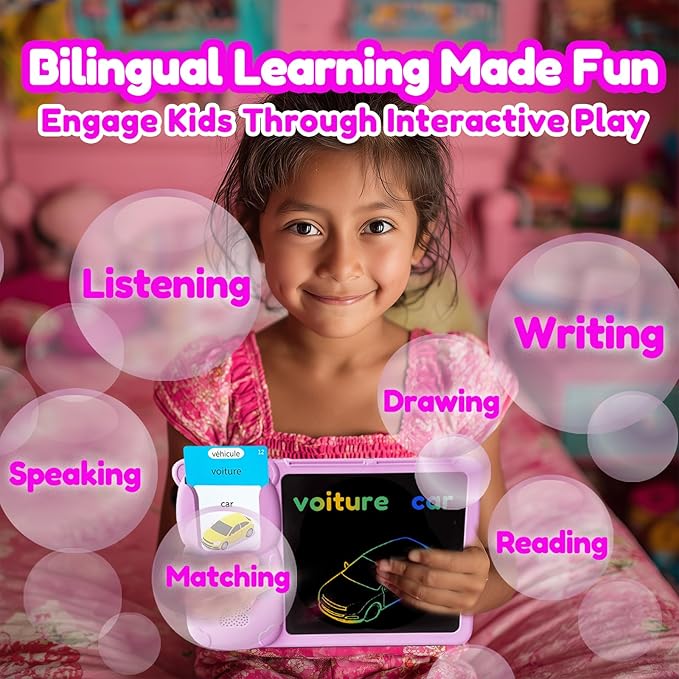 Drawing Tablet with Bilingual Flashcards for Kids - French English Talking Flash Cards, LCD Writing Pad Board, Pocket Speech for Toddlers, Learning Toy Gift for Boys Girls (French, Pink)
