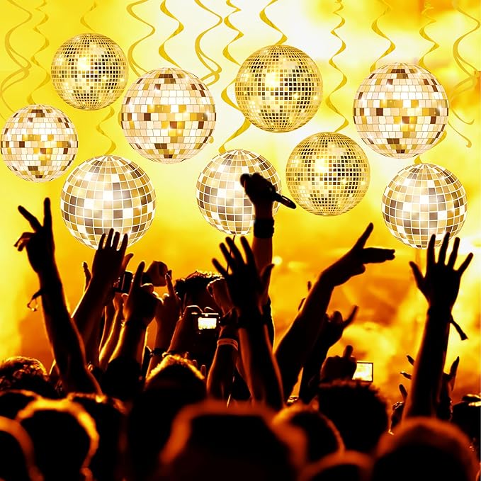 20Pcs Gold Disco Ball Hanging Swirls 70s Disco Birthday Party Decoration Gold Disco Ball Themed Swirl Ceiling Hanging Streamers for 70s 80s New Year Party Decoration Disco Fever Supplies(Paper)